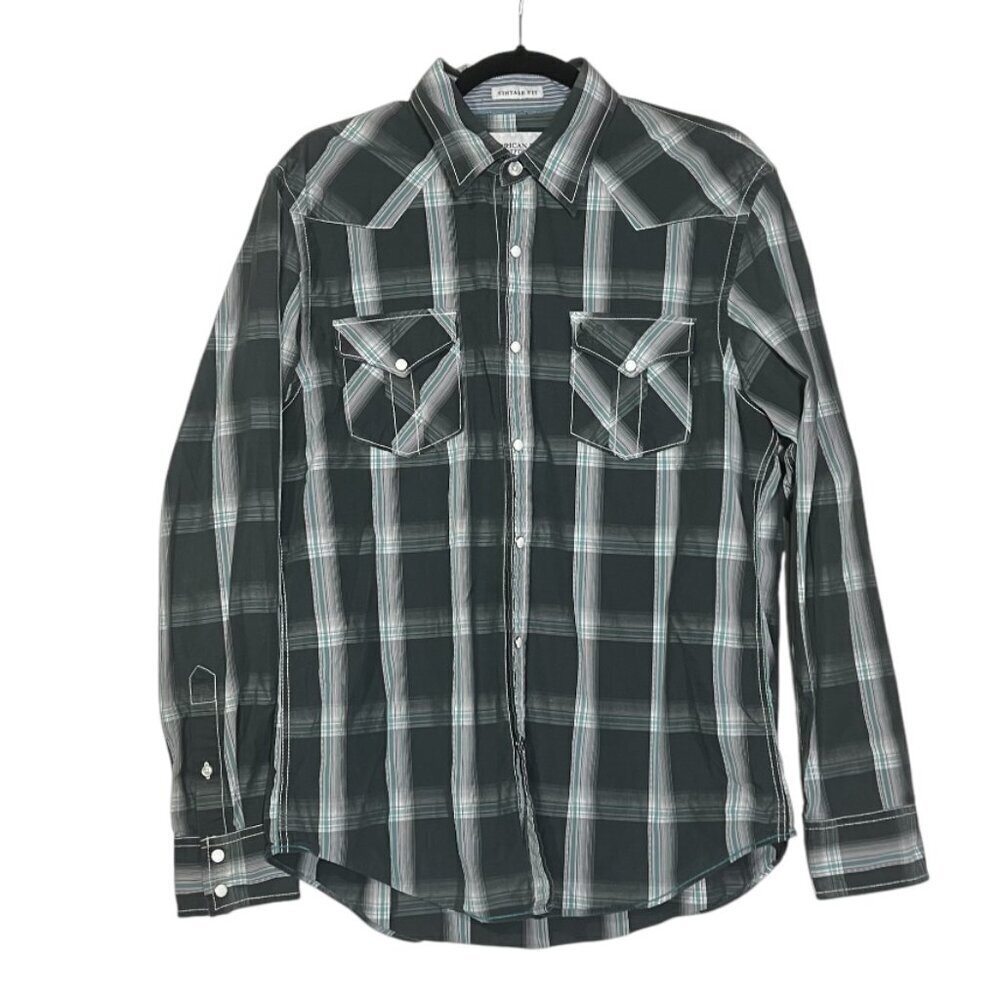 American Eagle Vintage Fit Flannel Shirt Pearl Snap Size Large Plaid Black Blue